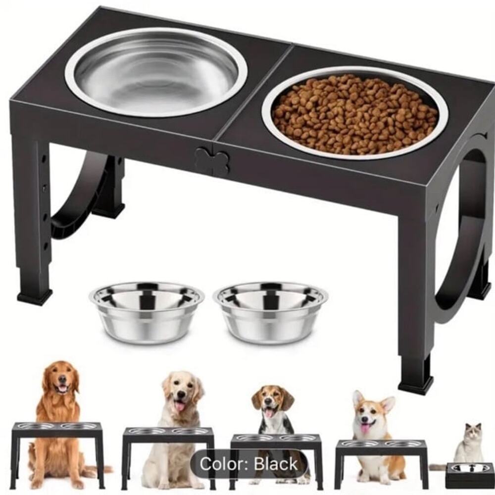 Black Adjustable Elevation ABS Plastic Stand With Stainless Steel Dog Food Bowls